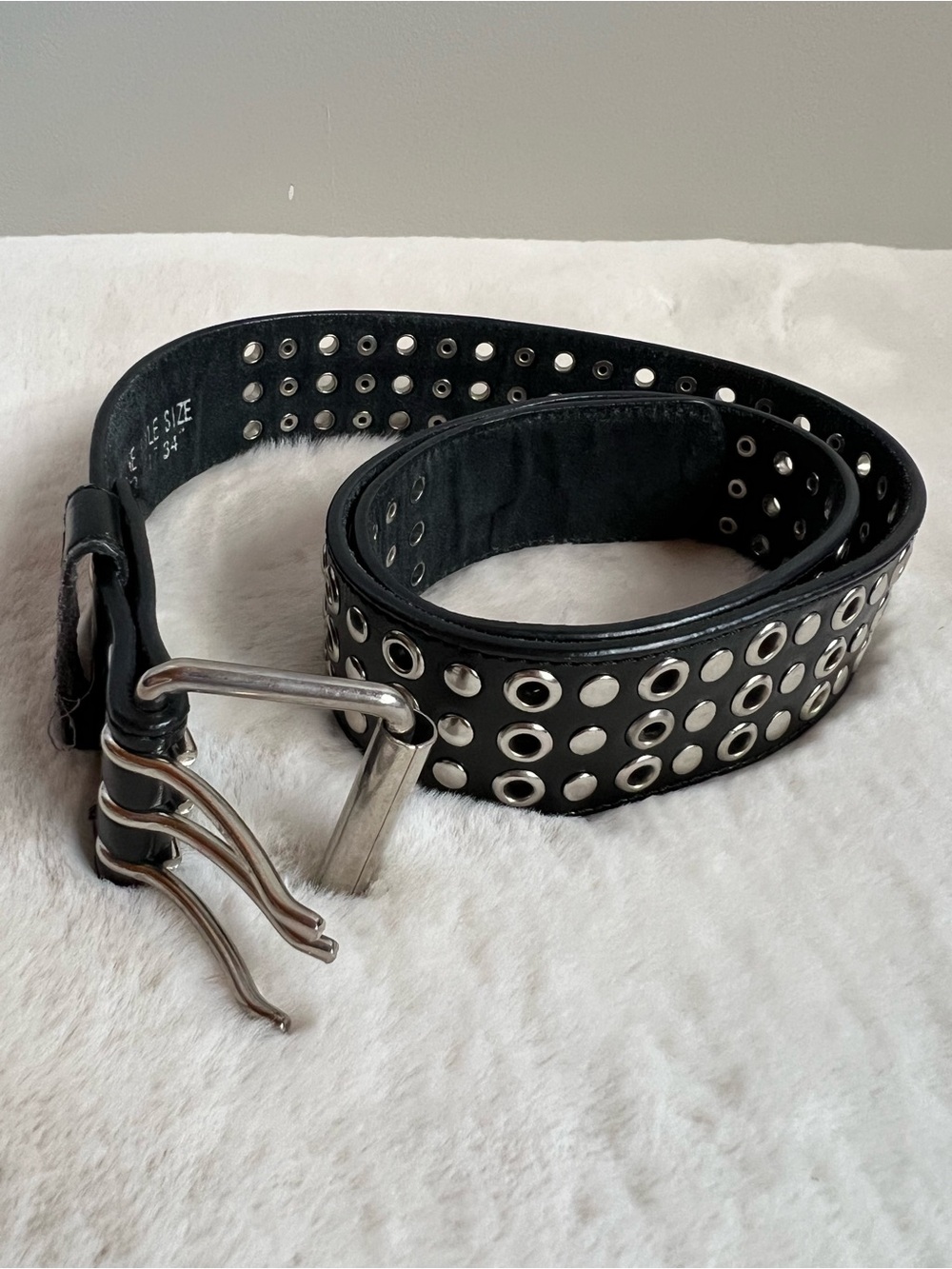 Vintage Black Leather Studded Grommet Belt Size 34 Punk Goth Y2K Unisex